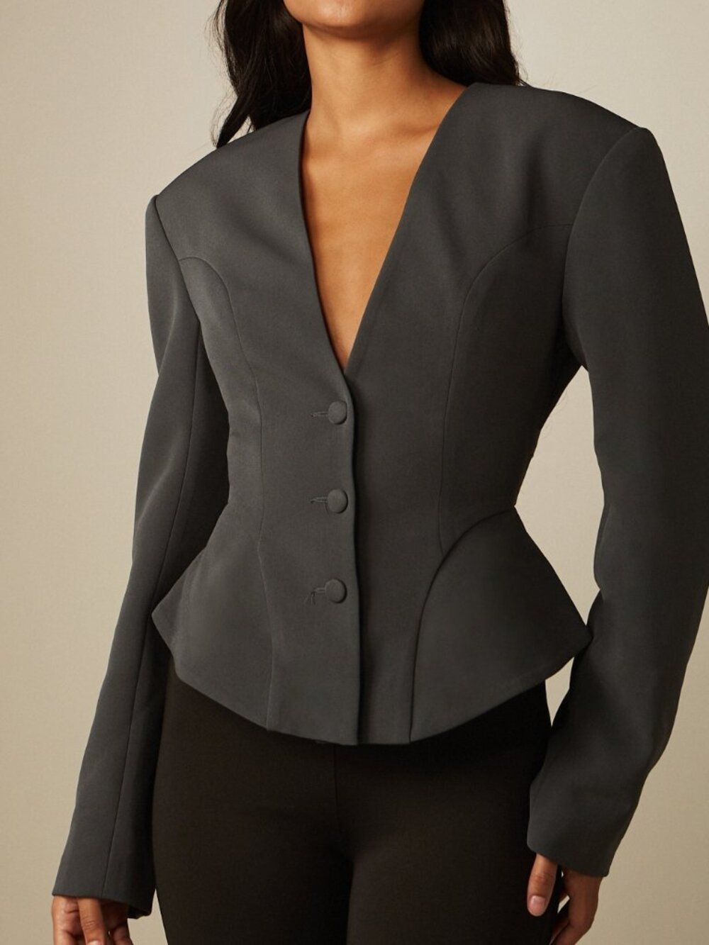 Dark Grey Elegant Women's Collarless Peplum Blazer